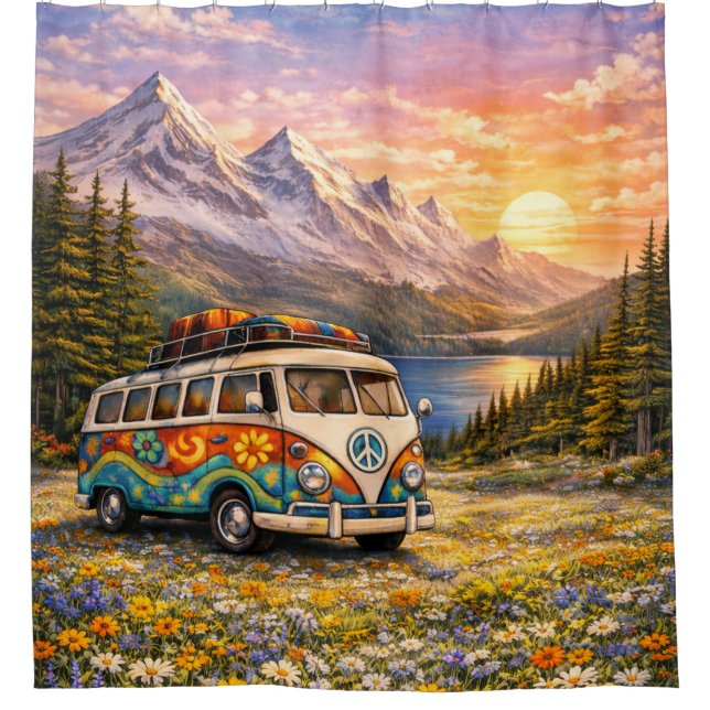 Mountain Sunset Wildflowers Retro Hippie Van Life Shower Curtain (Front)