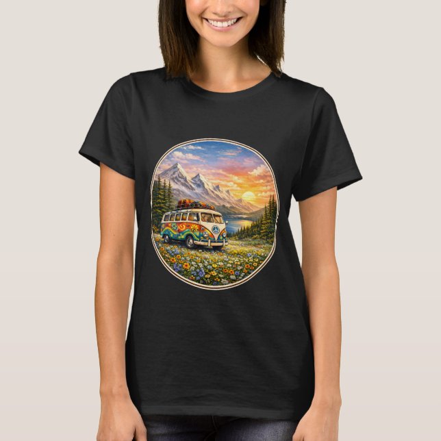 Mountain Sunset Wildflowers Retro Hippie Van Life T-Shirt (Front)