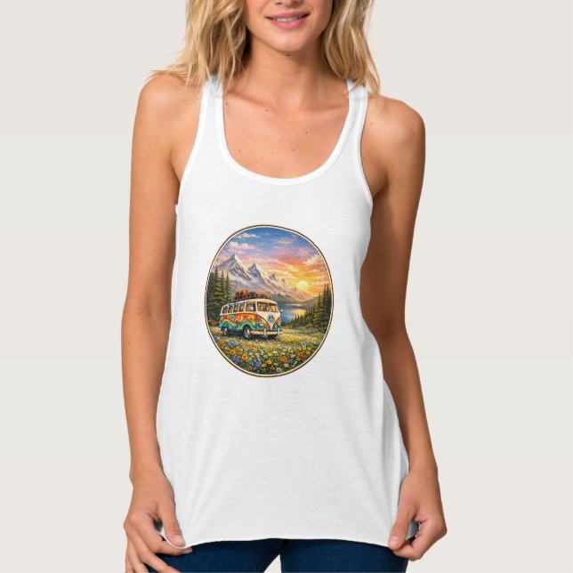 Mountain Sunset Wildflowers Retro Hippie Van Life Tank Top (Front)