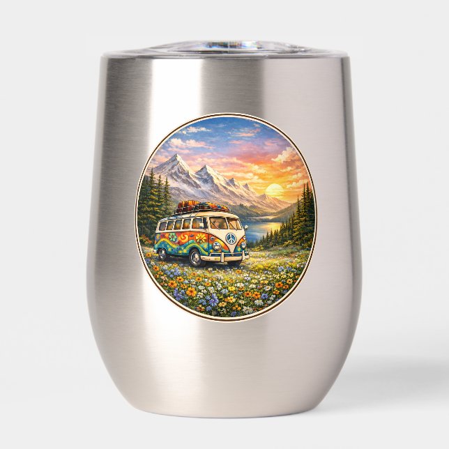 Mountain Sunset Wildflowers Retro Hippie Van Life Thermal Wine Tumbler (Front)