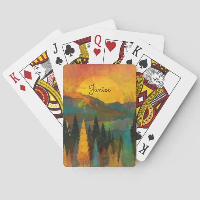 Mountain Sunshine Personalize Name Blue Green Gold Poker Cards (Back)