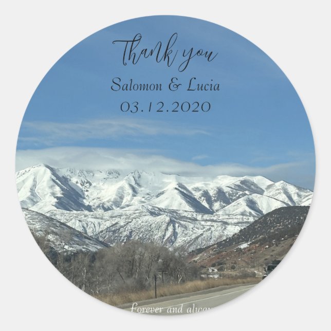 Mountain thank you wedding round sticker  (Front)