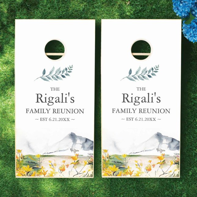 Mountain Theme Family Reunion Games Cornhole Set (Family reunion games cornhole set features mountain watercolor art by Victoria Grigaliunas )