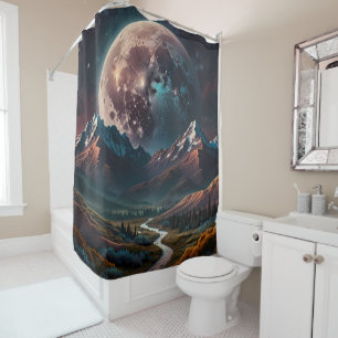Mountain Top View Over Valley with Distant Moon Shower Curtain