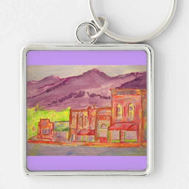 mountain town watercolour sketch keychain (Front)