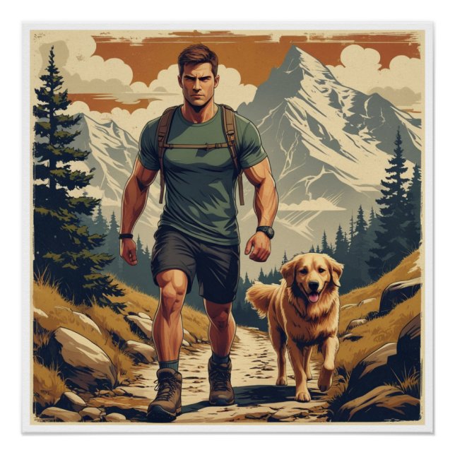 Mountain Trail Hiker & Dog Adventure Illustration Poster (Front)