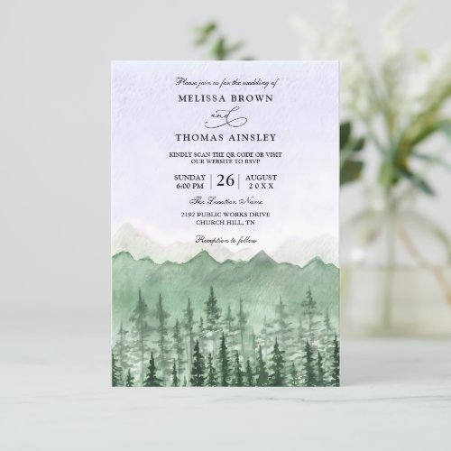 Mountain Tree Forest Rustic Budget QR Code Wedding Invitation