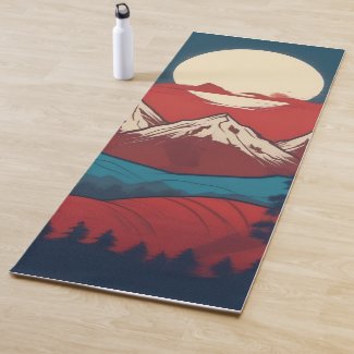 Mountain Tree Landscape Blue Red Retro Illustratio