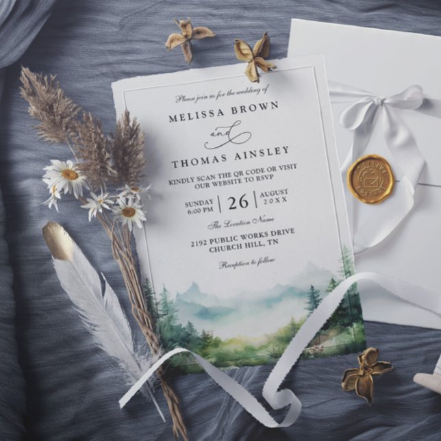 Mountain Trees Forest Rustic QR Code Wedding Invitation (Creator Uploaded)