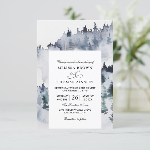 Mountain Trees Rustic Budget QR Code Wedding Invitation
