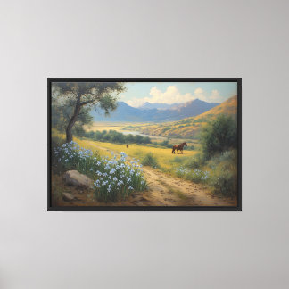 Mountain Valley with Horses and Blue Flowers Canvas Print