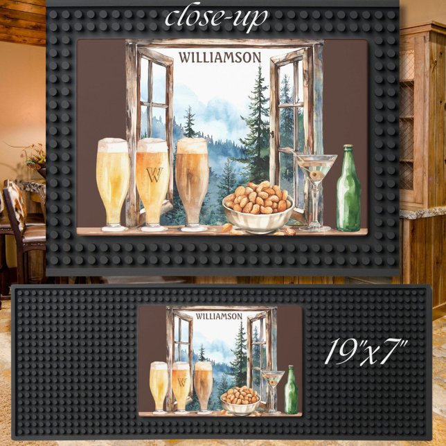 Mountain View Beer Drinks Monogram Name Bar Mat (Creator Uploaded)
