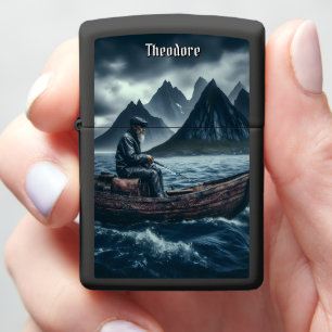 Mountain View Blue Leather Fishing Zippo Lighter