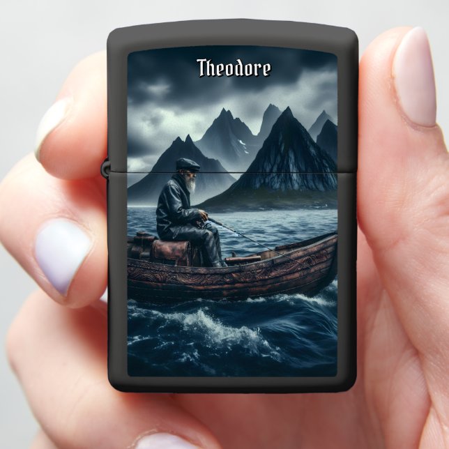 Mountain View Blue Leather Fishing Zippo Lighter (In Hand)