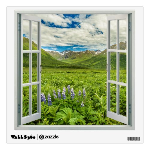 Mountain Views with Flowers Faux Window Wall Decal