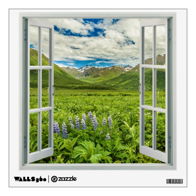 Mountain Views with Flowers Faux Window Wall Decal (Front)