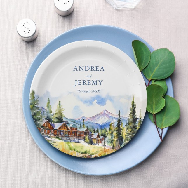 Mountain village Colorado summer scenery Paper Plates (Mountain village Colorado summer landscape scenery monogrammed customized Paper Plates table decor)