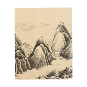 Mountain Village - Ink Wood Wall Art