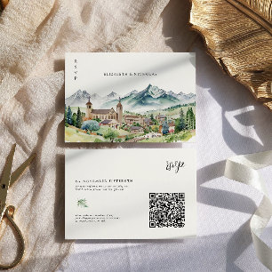 Mountain Village Town QR Code Wedding RSVP Card