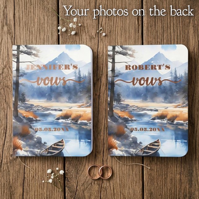 Mountain Watercolor Adventure Wedding Foil Vow Books (Real foil mountain wedding vow booklets with a watercolor painting and custom photos)