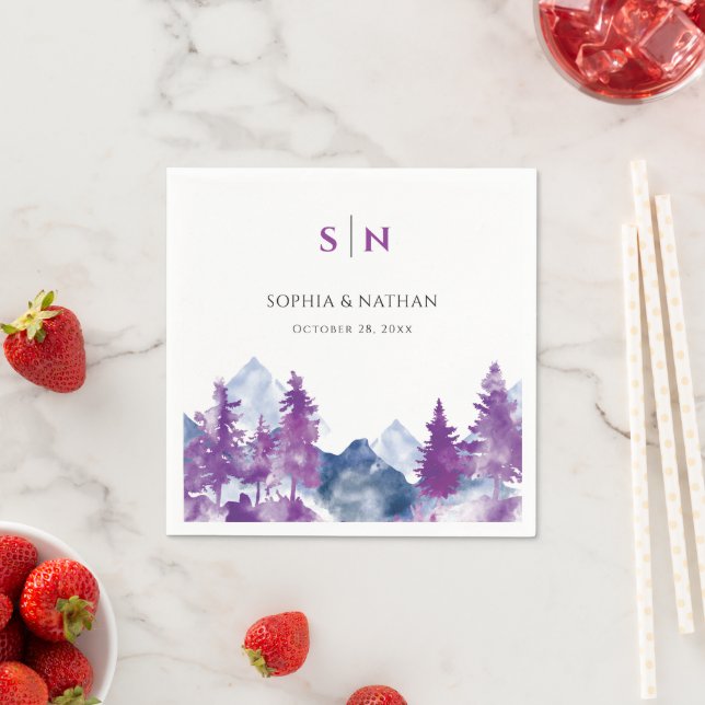 Mountain Watercolor Elegant Mauve chic Wedding Napkins (Insitu)
