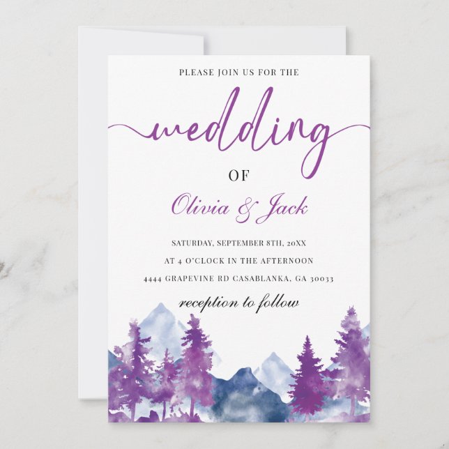 Mountain Watercolor Elegant Rustic Mauve Wedding  Invitation (Front)