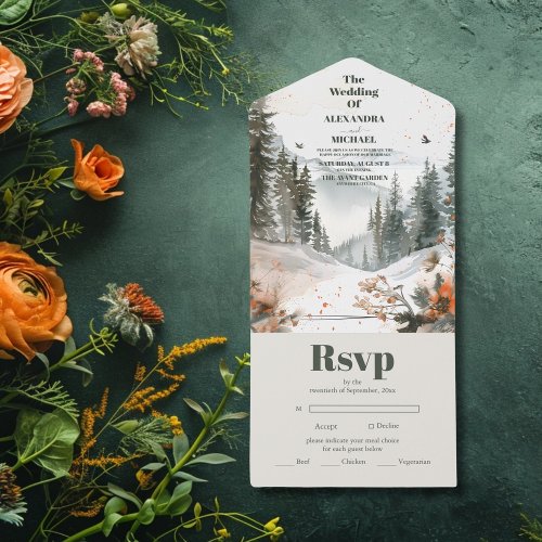 Mountain Watercolor Elegant Rustic Themed Wedding All In One Invitation