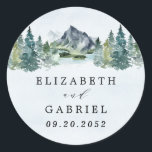 Mountain Watercolor Elegant Rustic Themed Wedding Classic Round Sticker<br><div class="desc">Design features an elegant watercolor mountain view scenery with a modern style text layout.</div>