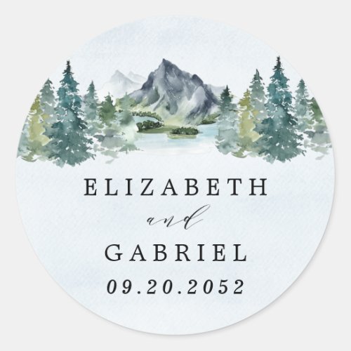 Mountain Watercolor Elegant Rustic Themed Wedding Classic Round Sticker - Design features an elegant watercolor mountain view scenery with a modern style text layout.