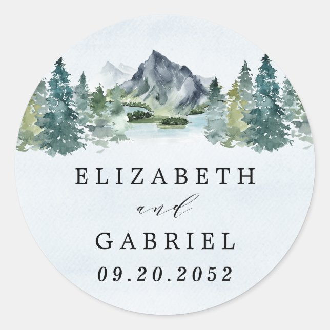 Mountain Watercolor Elegant Rustic Themed Wedding Classic Round Sticker (Front)