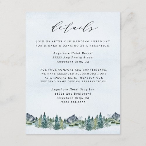 Mountain Watercolor Elegant Rustic Themed Wedding Enclosure Card - This is a premium version of this suite's wedding design.  This template allows to you choose premium papers.  There's also budget friendly options available within the collection.  See the collection link on this page for those items.  Design features an elegant watercolor mountain view scenery with a modern style text layout.  You can fully customize the information and even add more to the back if needed.