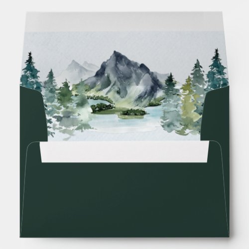 Mountain Watercolor Elegant Rustic Themed Wedding Envelope - Design features an elegant watercolor mountain view scenery inside with a printed dark green shade on the exterior with a white return address.  Purchase a paint pen in white, gold, silver or your favorite shade to write out guest addresses.
