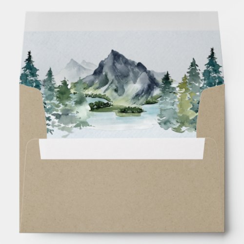 Mountain Watercolor Elegant Rustic Themed Wedding Envelope - Design features an elegant watercolor mountain view scenery inside with a printed Kraft paper texture design on the exterior.