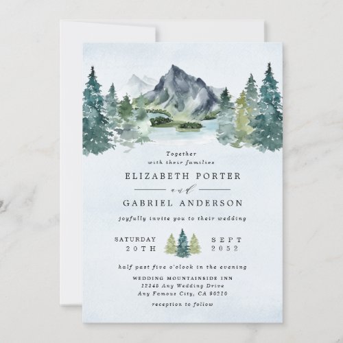 Mountain Watercolor Elegant Rustic Themed Wedding Invitation - Design features an elegant watercolor mountain view scenery with a modern style text layout.