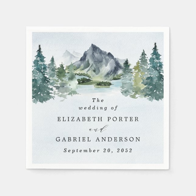 Mountain Watercolor Elegant Rustic Themed Wedding Napkins (Front)
