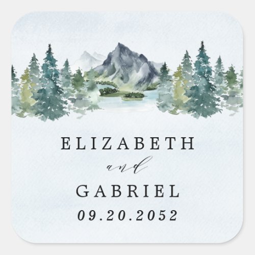 Mountain Watercolor Elegant Rustic Themed Wedding Square Sticker - Design features an elegant watercolor mountain view scenery with a modern style text layout.