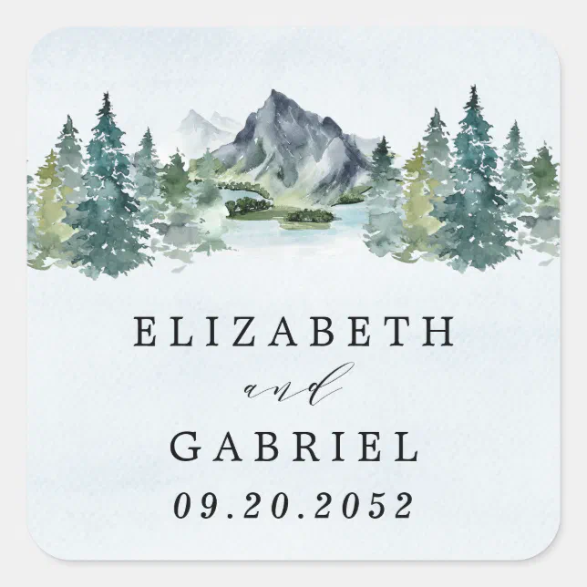 Mountain Watercolor Elegant Rustic Themed Wedding Square Sticker | Zazzle