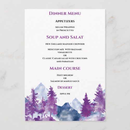 Mountain Watercolor Elegant wedding dinner menu