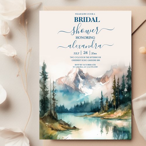 Mountain Watercolor Evergreen Rustic Tree Bridal  Invitation