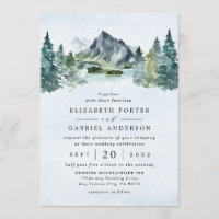 Mountain Watercolor Evergreen Rustic Tree Wedding Invitation