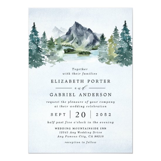 Mountain Watercolor Evergreen Rustic Tree Wedding Invitation