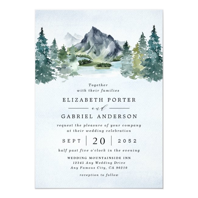 Mountain Watercolor Evergreen Rustic Tree Wedding Invitation