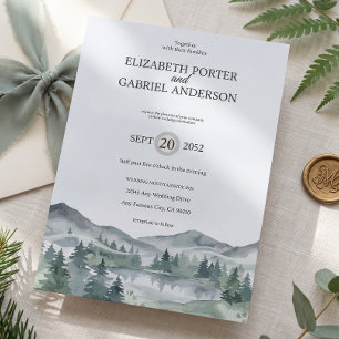 Mountain Watercolor Evergreen Rustic Tree Wedding  Invitation