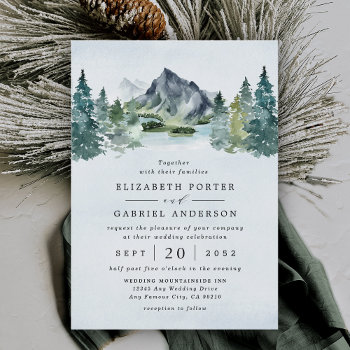 Mountain Watercolor Evergreen Rustic Tree Wedding Invitation by RusticWeddings at Zazzle