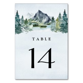 Mountain Watercolor Evergreen Rustic Tree Wedding Table Number