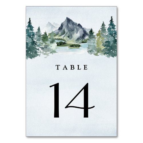 Mountain Watercolor Evergreen Rustic Tree Wedding Table Number - Design features an elegant watercolor mountain view scenery with a modern style text layout.  View the collection link on this page to see all of the matching items in this beautiful design.