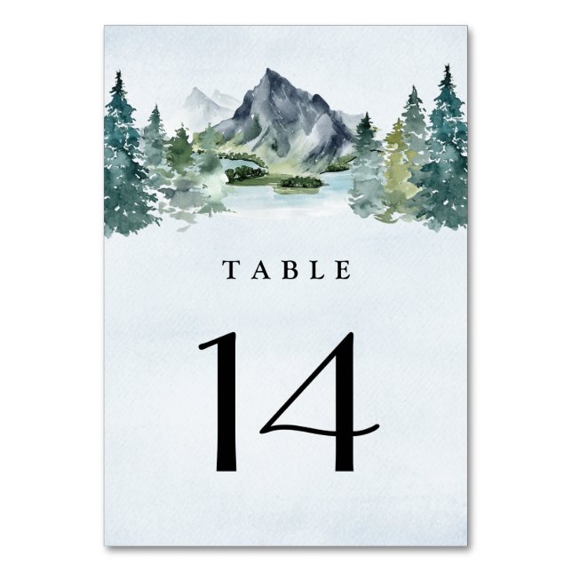 Mountain Watercolor Evergreen Rustic Tree Wedding Table Number (Front)