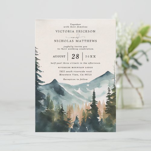 Mountain Watercolor Forest Budget QR Code Wedding Invitation