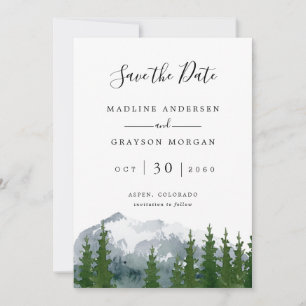 Mountain Watercolor Pine Photo Save the Dat Announcement