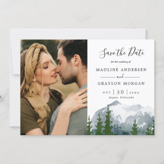 Mountain Watercolor Pine Two Photo Save the Date Invitation